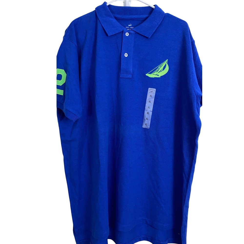Cuffy's Polo Shirt Mens XL Blue Neon Green Sailboat Cape Cod Preppy Cotton Golf